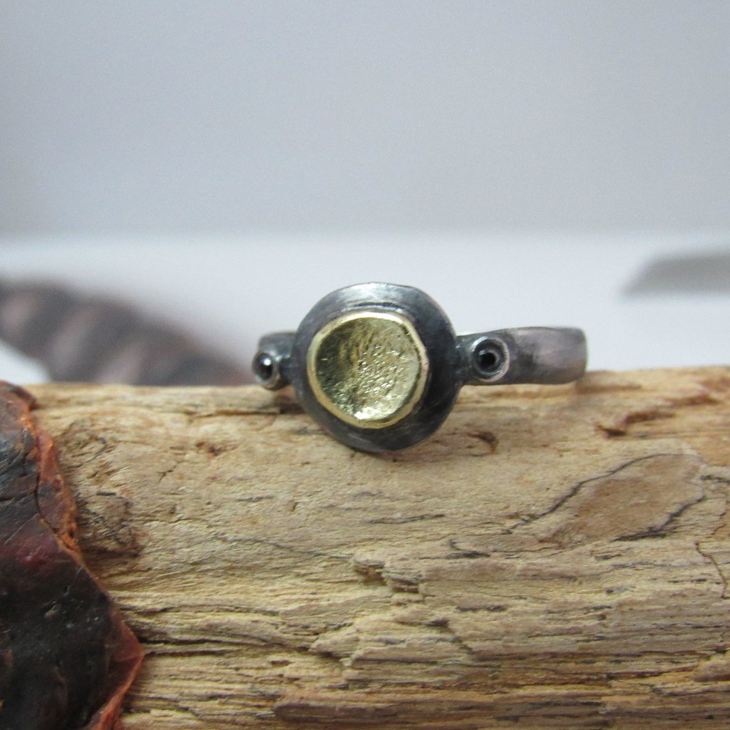Sterling Silver And 14k Yellow Gold Ring. Ring With Black Spinel.